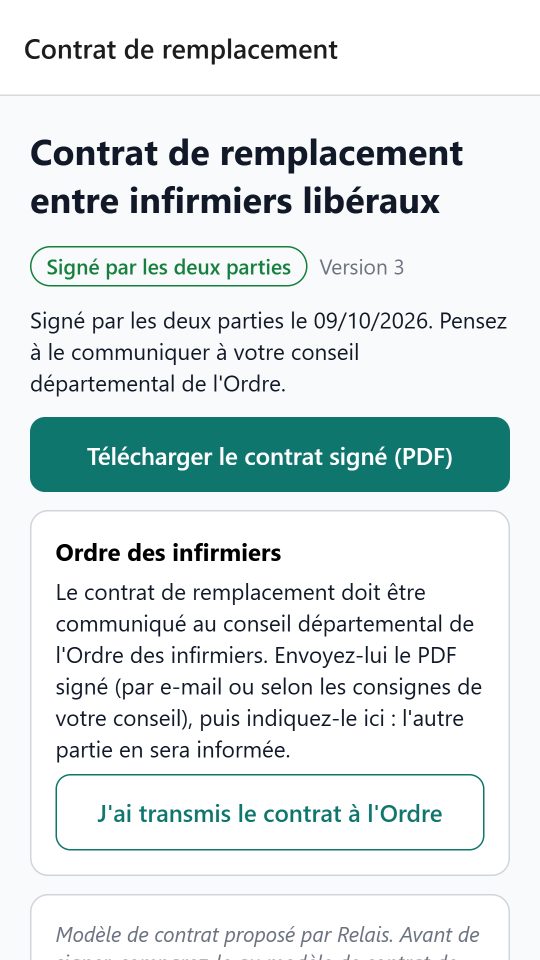 Le contrat de remplacement signé par les deux parties, avec le téléchargement du PDF.